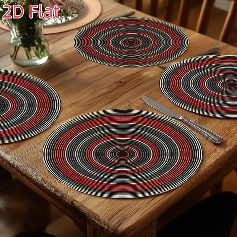 item picture 2d flat of 4 round placemats featuring a red and black       home dining restaurant use and kitchen decoration each placemat measures 15x15 inches