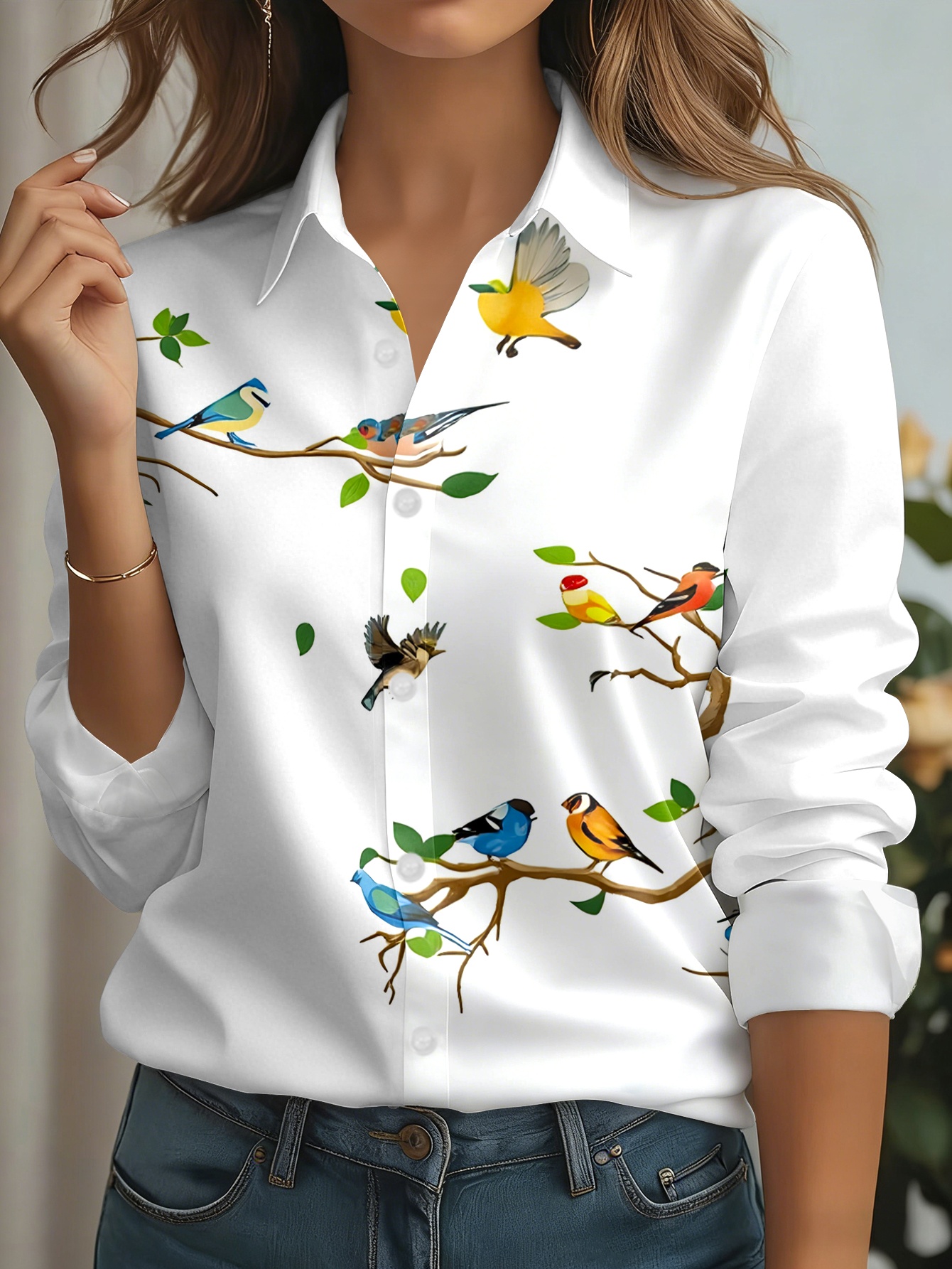 womens long sleeved shirt fabric   fashion bird branch   commuting versatile loose breathable comfortable   washable casual fashion comfortable fabric womens long sleeved shirt