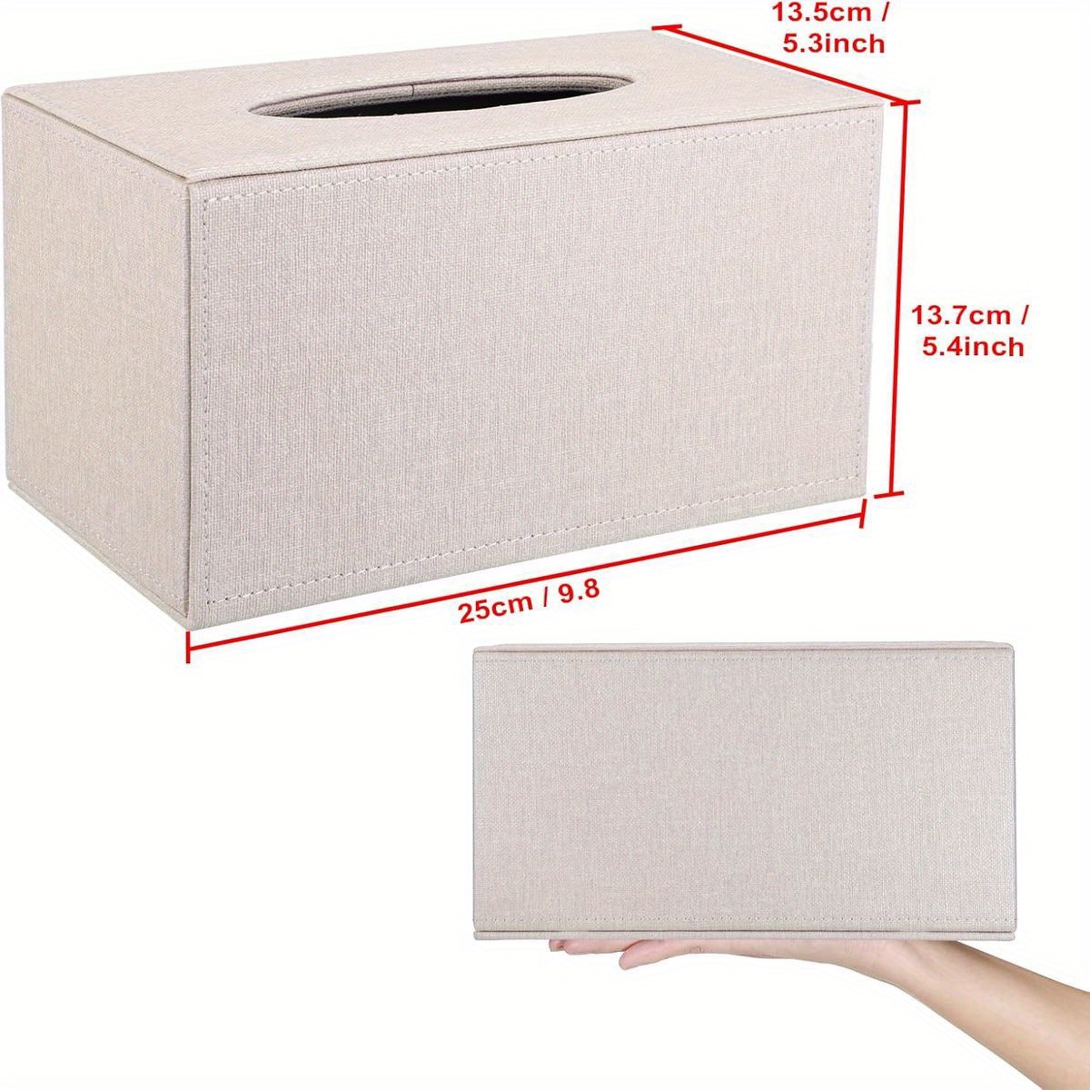   large rectangular tissue box cover with magnetic closure - beige & mdf construction, decorative storage holder with rounded corners & sturdy frame for bathroom, living room, office, car - fits large /kitchen tissues, space-saving design, durable plastic frame & fabric,   decor for table, desk, vanity, dresser, or commercial use - secure magnetic bottom for   Product details 2