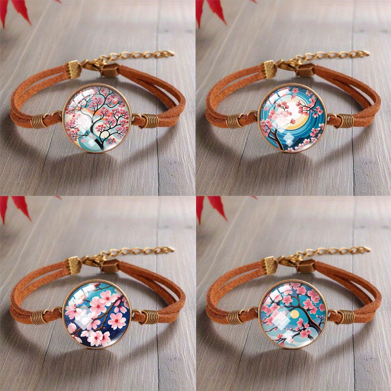 TEMU Lot de 4 magnifiques bracelets marron à en verre rond avec motif de peinture à l'huile de et , accessoires cadeaux pour amis