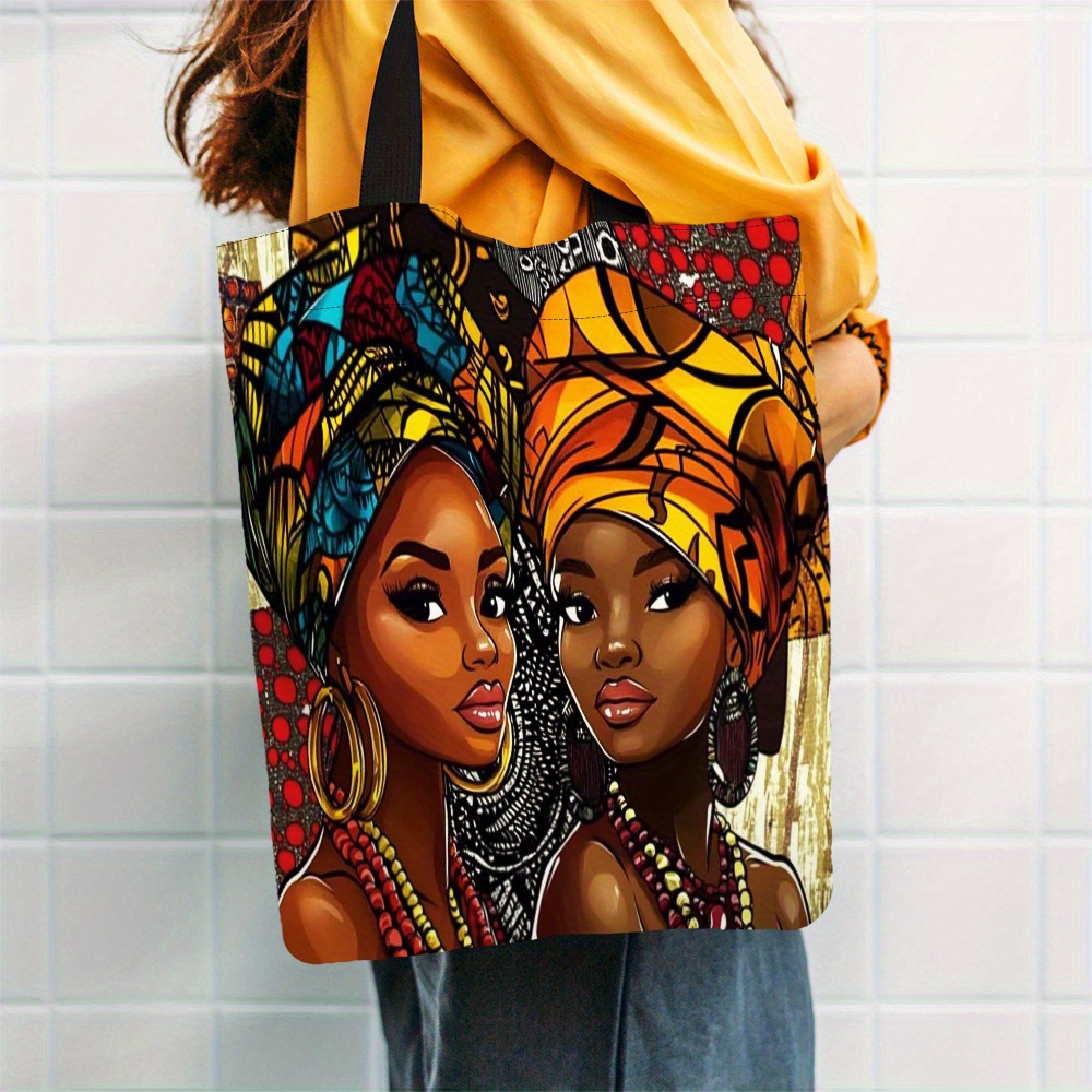 1pc, An African-style Tote Bag With Illustrations Of African-style Characters, Large Capacity, Durable And Foldable, Suitable For Shopping And , Reusable Durable Tote Bag, Suitable For Daily Use