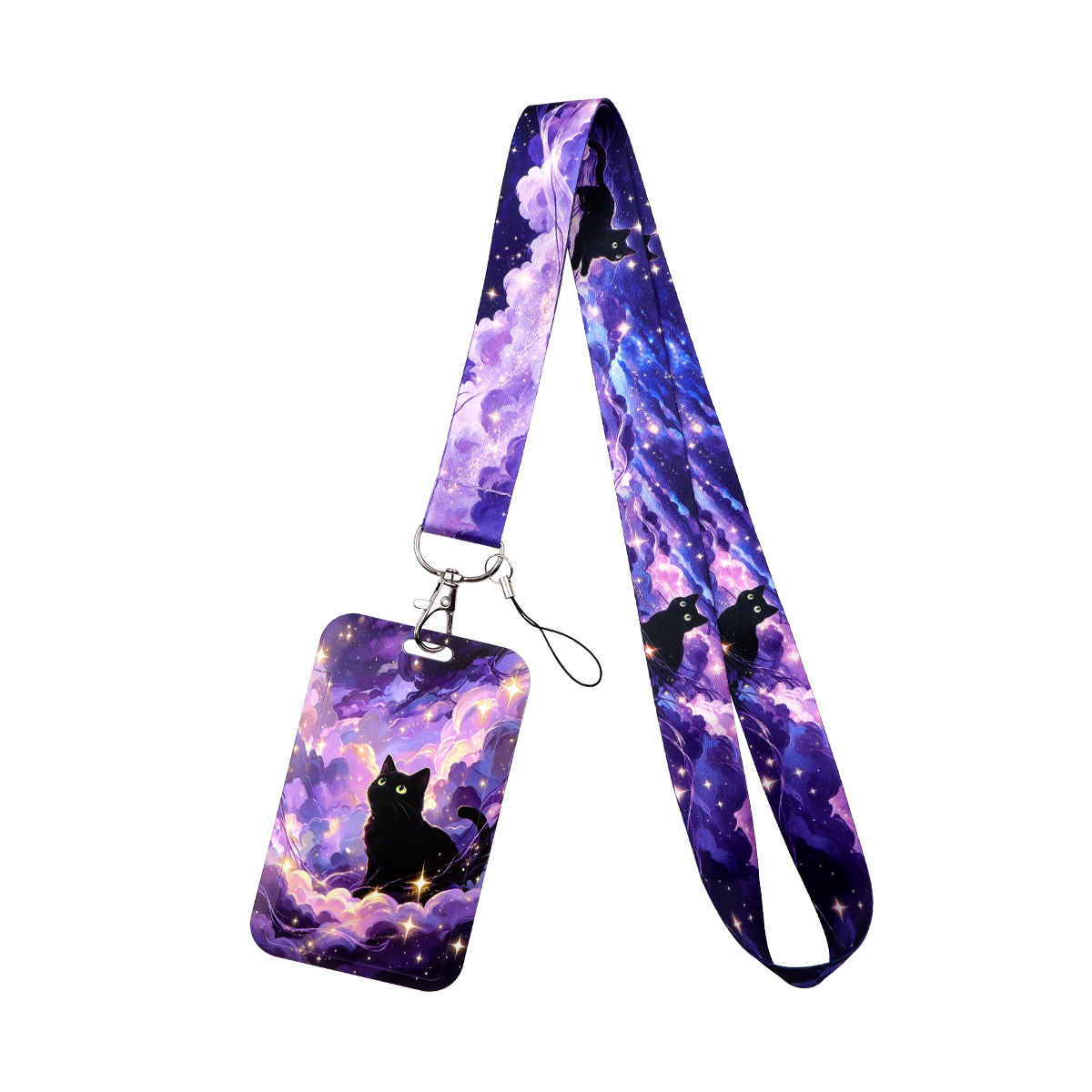 TEMU 2d Purple Starry Cat Lanyard With Id Badge Holder, Cloud Cat Print Polyester Neck Strap, Card Cover For Work Id, Cat Lover Gift