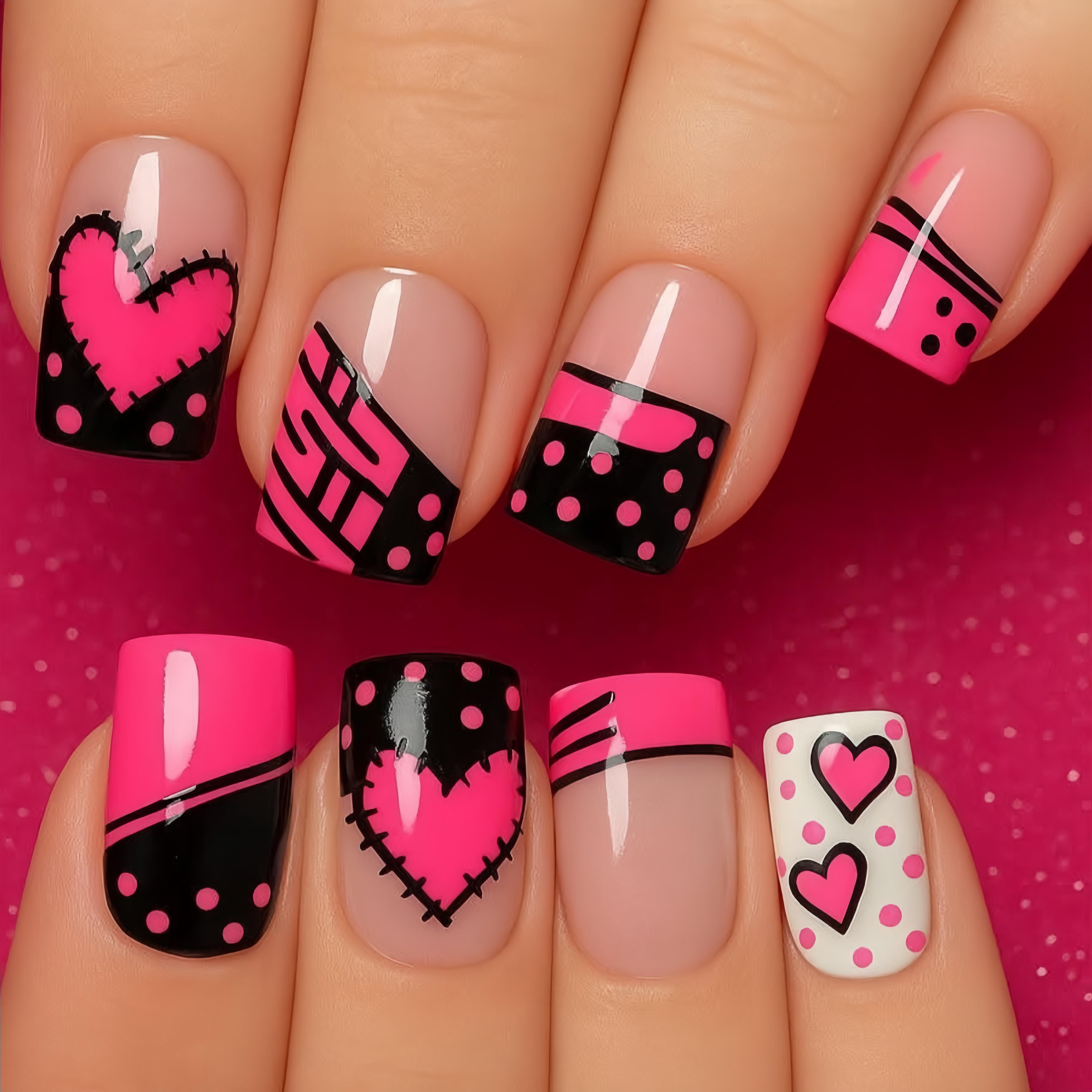 TEMU 24 uñas postizas rosa para de San Valentín | Diseños de corazones y rayas con festivos, punta , uñas artificiales producidas por máquina para