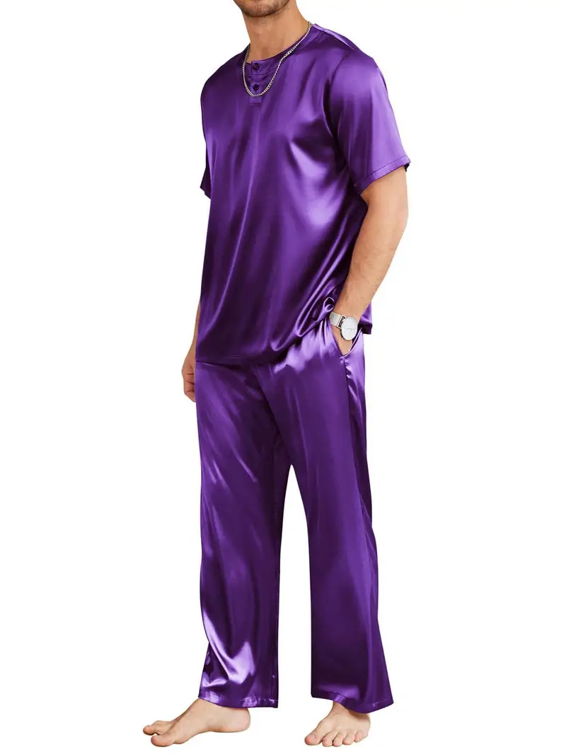 Men's Silk Satin Pajama Sets Long Sleeve Sleepwear Loungewear By LONXU – Multiple Colors & Sizes S-4XL