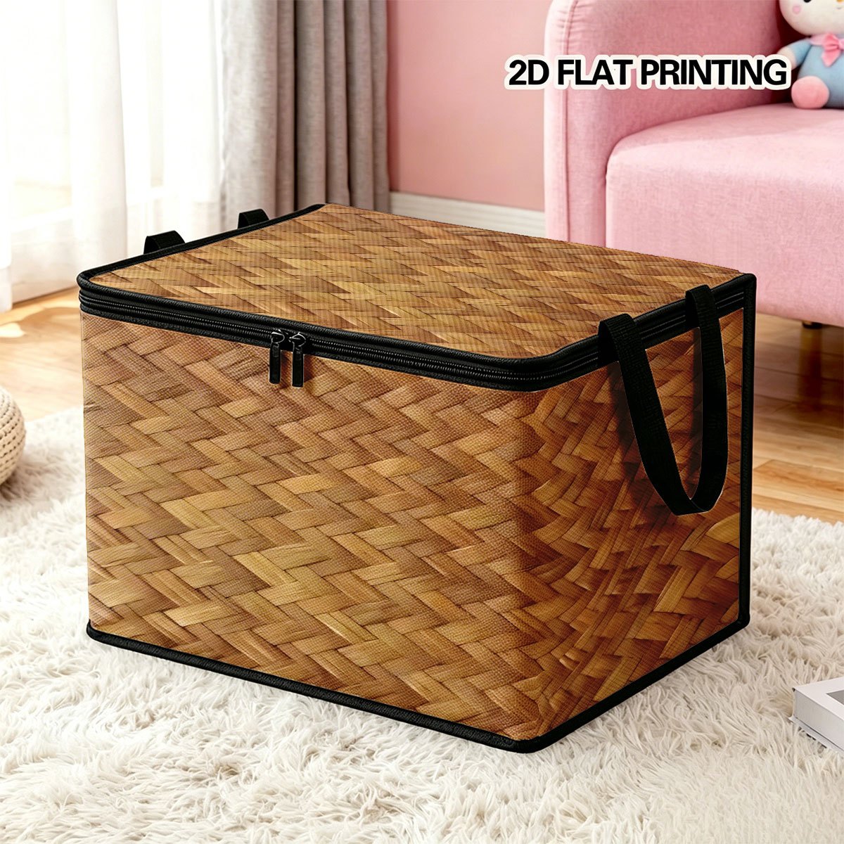 TEMU 1pc 2d Flat Woven Large Foldable Zipper Storage Box, High-end Style Element Printed Gift, Perfect For Travel, Packing, Clothing, Pants, And