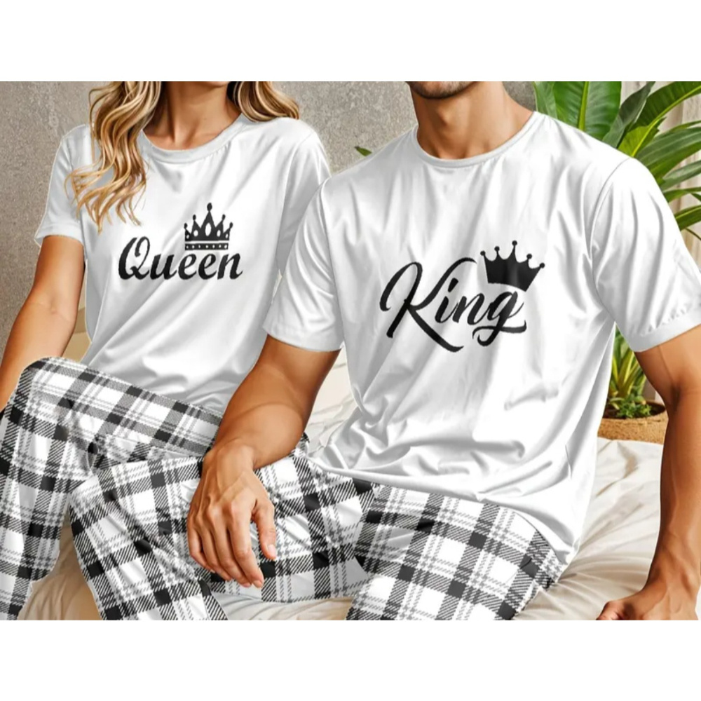 

1pc Couple T-shirts - Couples Matching Outfit - King And Print T-shirts, 100% Cotton, Classic Crew Neck, Short Sleeve, Holiday Wear, Couples Gift, Machine Washable