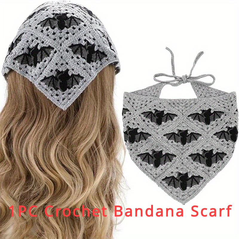 

1pc Gothic Crochet Bat Bandana Scarf For Women - Knit Headband, Grey Halloween Hair Accessory With , Adjustable Ties For