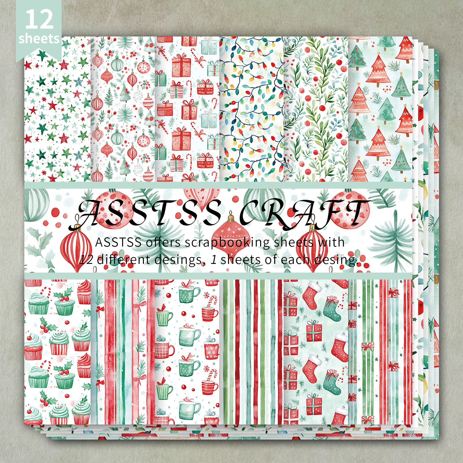 TEMU 12-sheet Asstss Heavyweight Scrapbook Paper Pad - Winter-themed Watercolor Cardstock With 12 Unique Christmas & New Year Patterns (snowflakes,