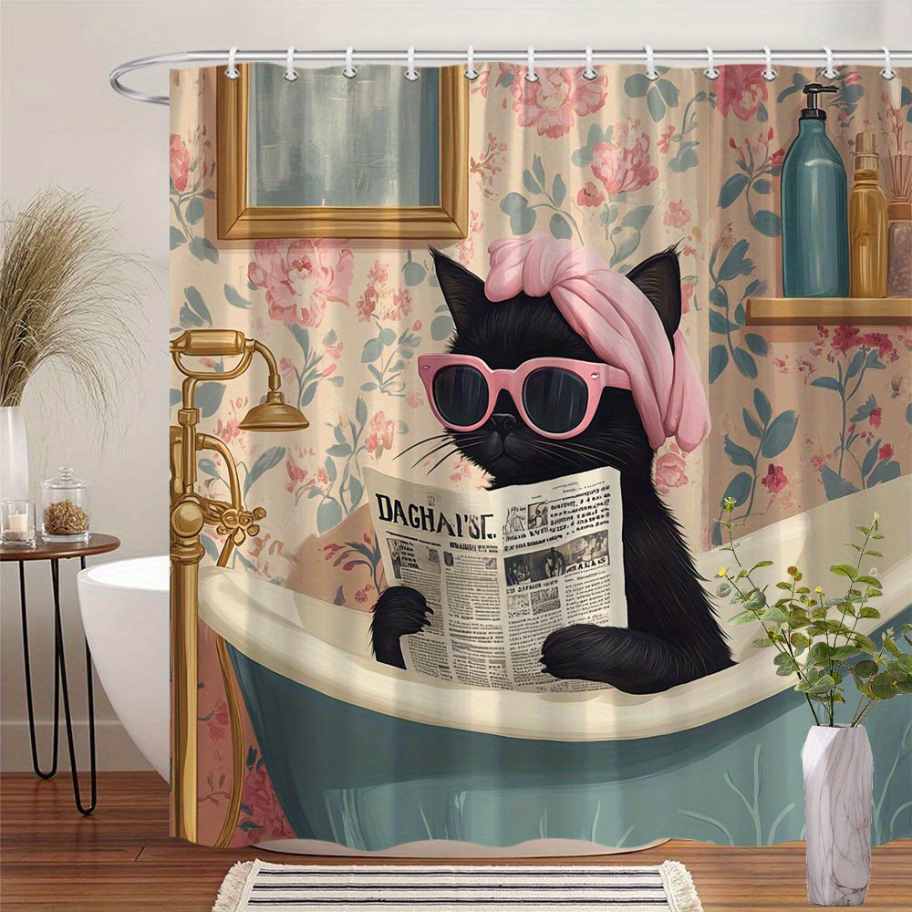 TEMU Rideau de Douche Fantaisiste | Tissu en Polyester | Lavable en Machine | Chat Ludique avec Serviette Rose et Lunettes | Fond Floral Vintage | 12