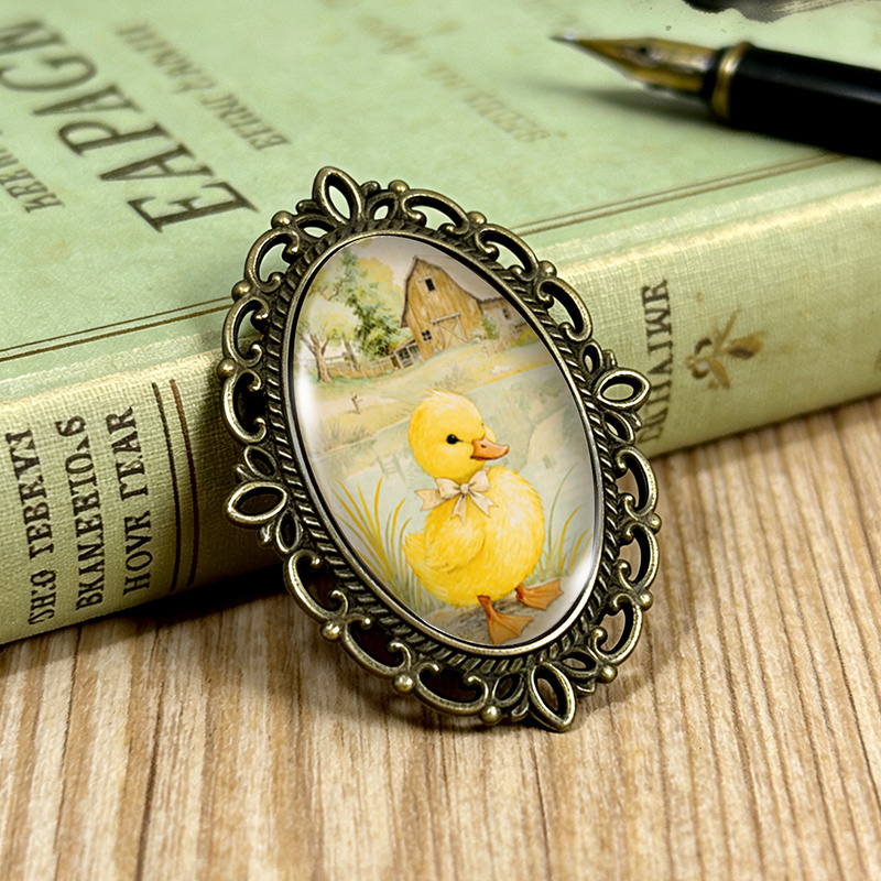 TEMU 1pc Farm Duck With Bow Tie Brooch Oval Lace- Glass Brooches Clothing Backpack Accessory Ideal Gift