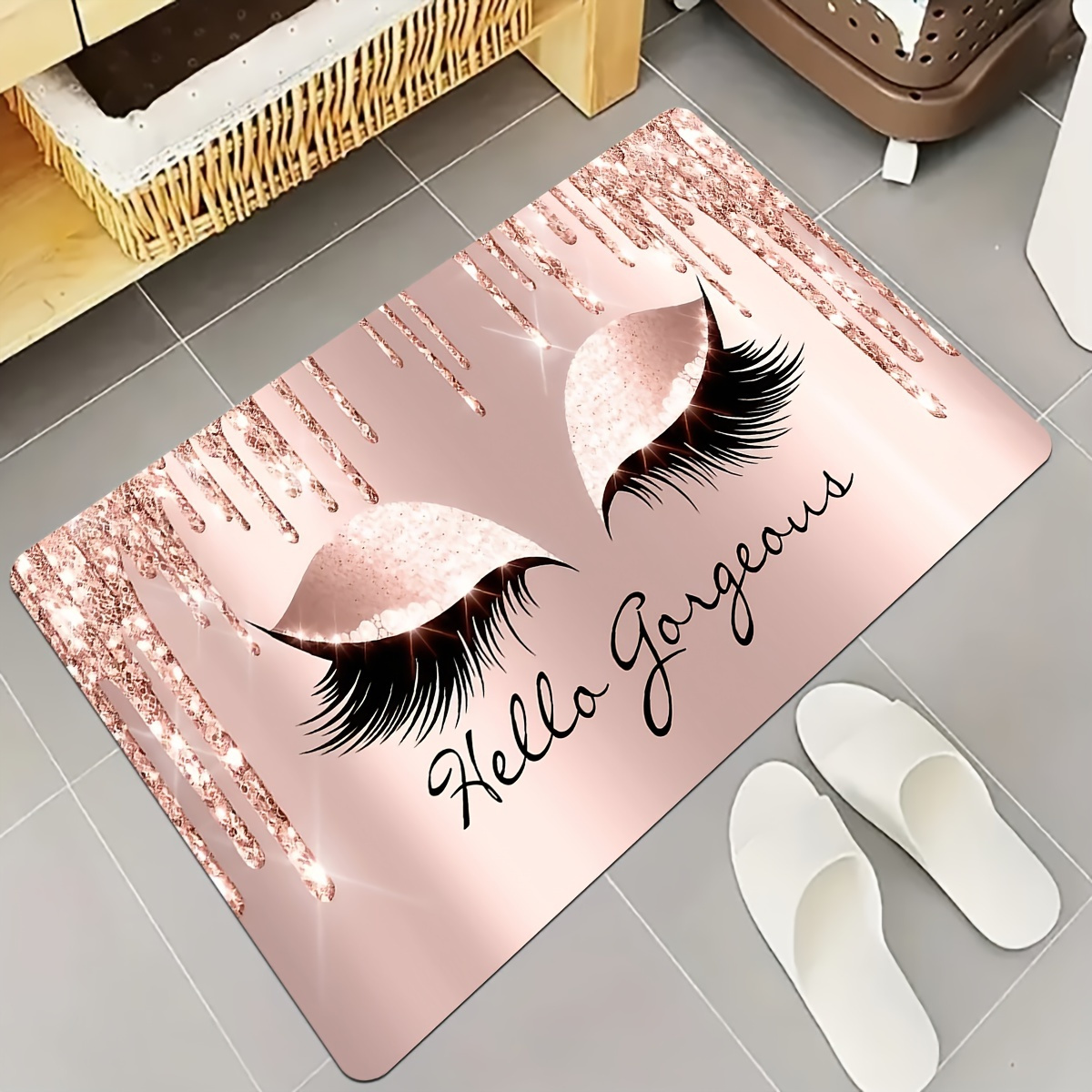 

1pc Hello Glittering Eyelash Doormat, Non-slip Polyester Bathroom Mat, , Fade-resistant, Machine Washable, Home And Kitchen Use