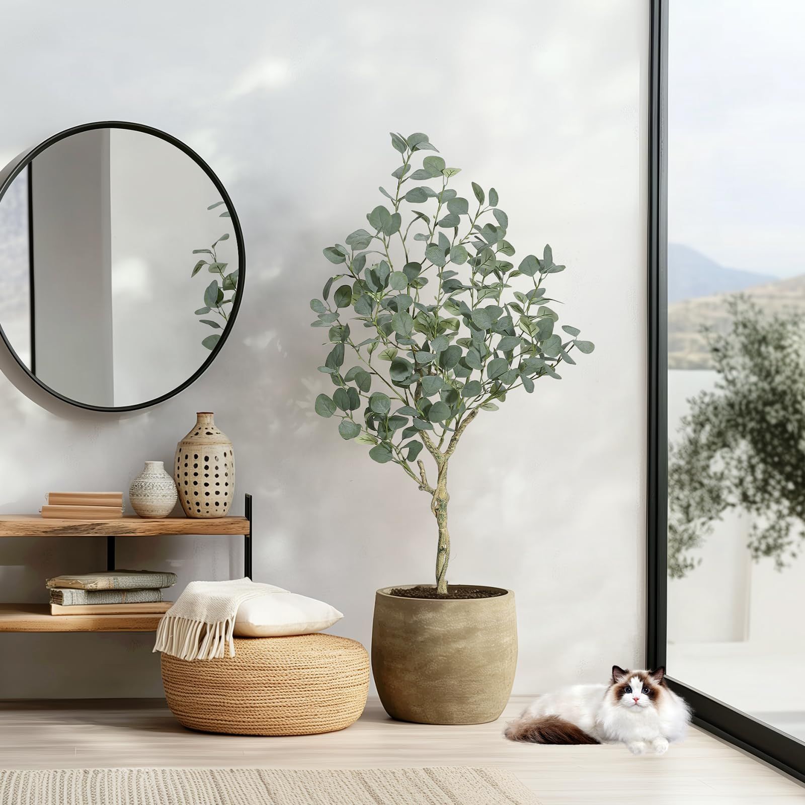 Image of 4-foot Tall Artificial Eucalyptus Tree With Stems And Leaves, Ideal For Indoor Decoration In Offices And Living Rooms