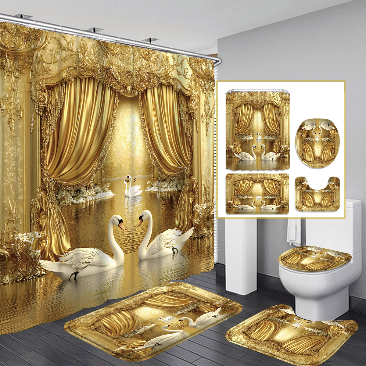 

4pcs Bathroom Set With Golden Curtain Swan Print Pattern, Elegant For Home Decoration, Home Decoration Shower Curtain, Complete 4pcs Toilet Seat Set, , With 12 Hooks - For