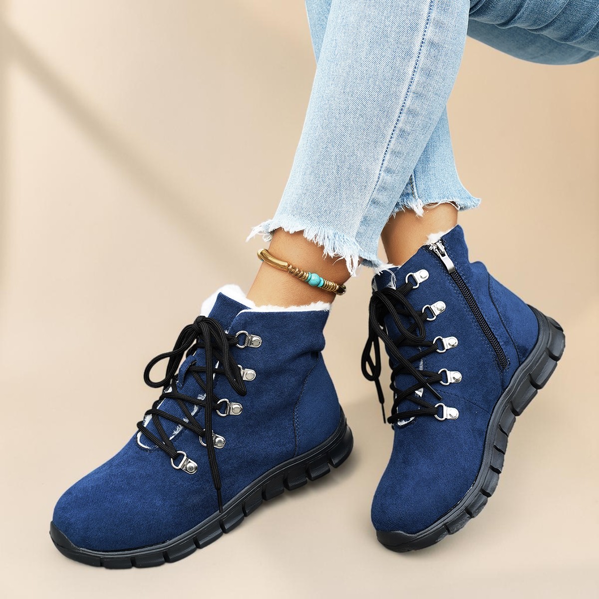 TEMU Women's Winter Fleece-lined Warm Short Boots, Plush Lining Soft And Comfortable, Zipper Closure For Easy , Thick Sole Flat Heel Design, Solid