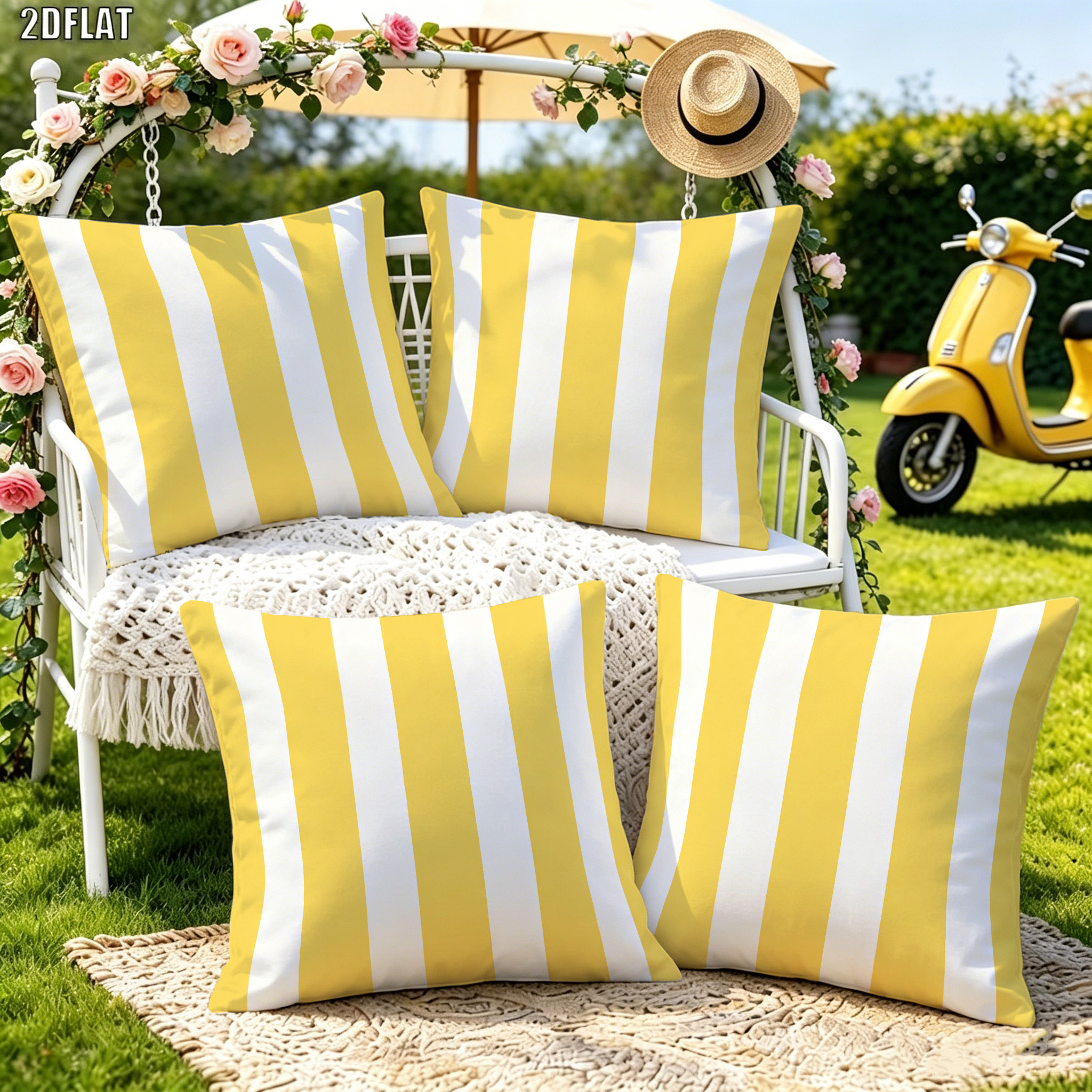 TEMU 4 housses de coussin d'extérieur à rayures jaunes et blanches, adaptées à la décoration de canapé, de chaise et de jardin, housses de coussin de