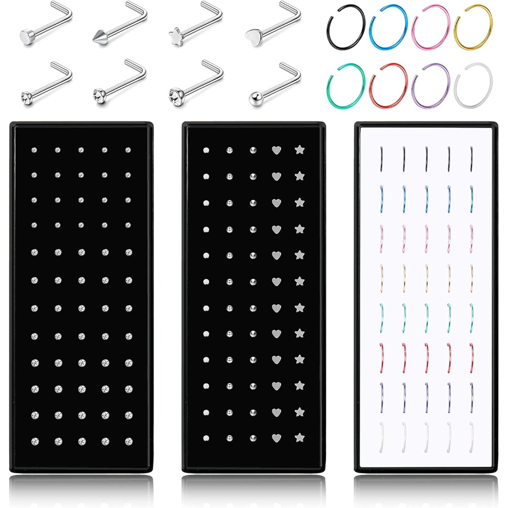 Image of 160pcs 316l Stainless Steel Nose Rings Studs | L-shaped Hoop Bone Studs With Artificial Crystal Body, Synthetic Zirconia, Suitable For Daily And Party Occasions, Brand: Milacolato