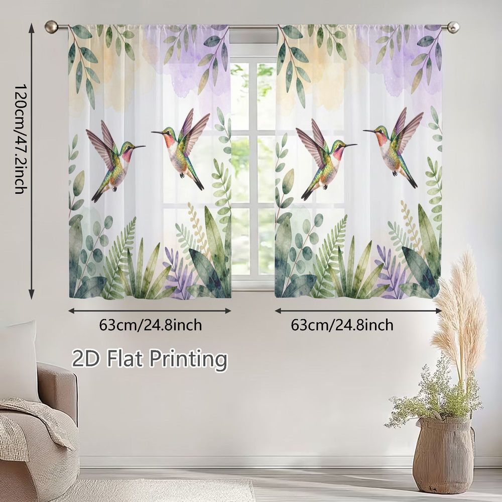 TEMU Plat 2D, 2pcs Rideaux Voilages Printemps Été, Motif Aquarelle Vif avec Feuillage Aéré, Parfaits pour Salons, à Manger, et Jardin. Décoration