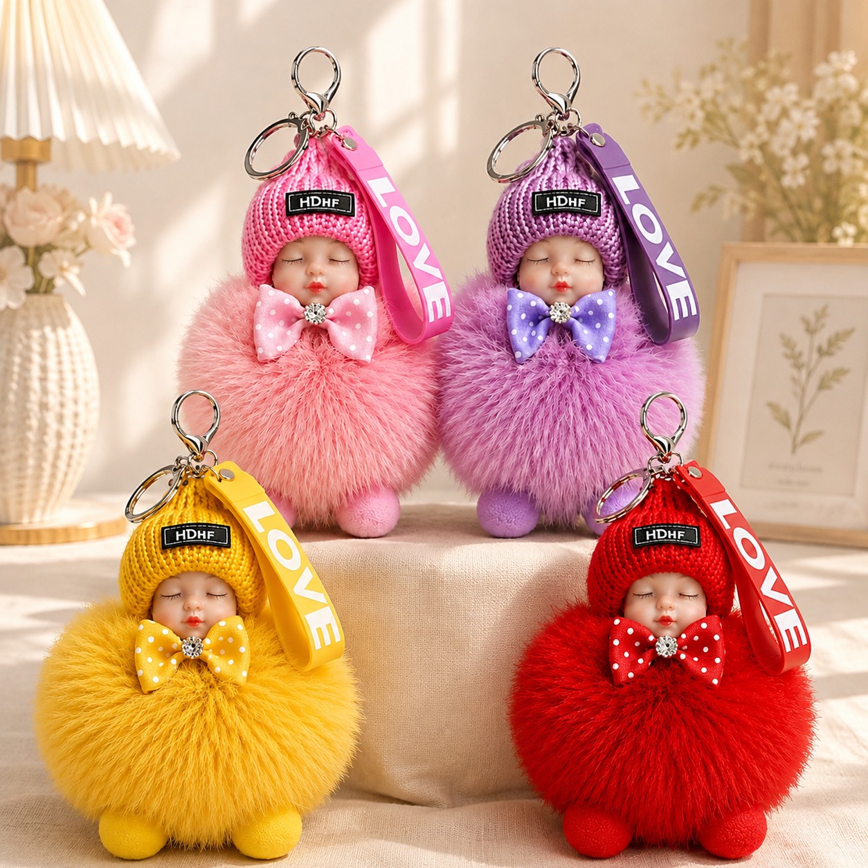 TEMU 4 Cute Sleeping Doll Keychains, Ball Bag Charms, With Knitted Hats And Polka Dot Bows; Fluffy Plush Doll Keyrings, Suitable For Car Keys,