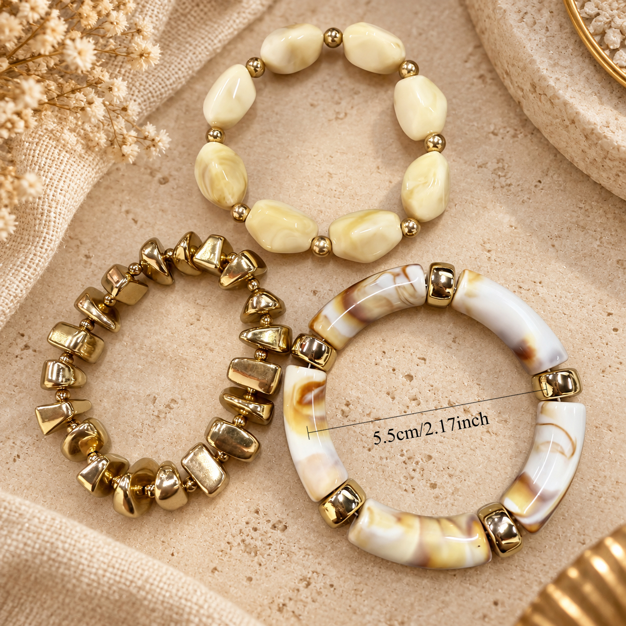 3pcs Chunky Resin & CCB Beaded Bracelets Set, Vintage Style
