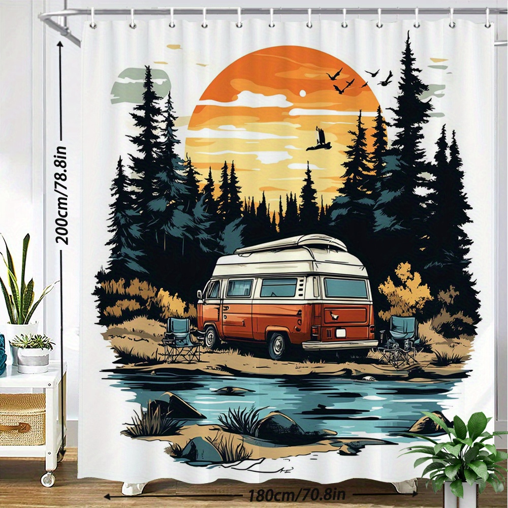 TEMU 1 rideau de douche pour camping-cars au coucher , rideau de bain avec silhouette de van orange et blanc vintage, forêt de pins, , oiseaux,