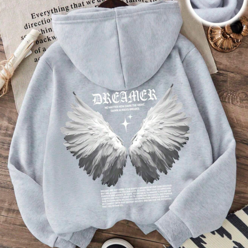 

Wings Graphic Print Hoodie, Drawstring Casual Hooded Sweatshirt For Winter & Fall, Women's Clothing