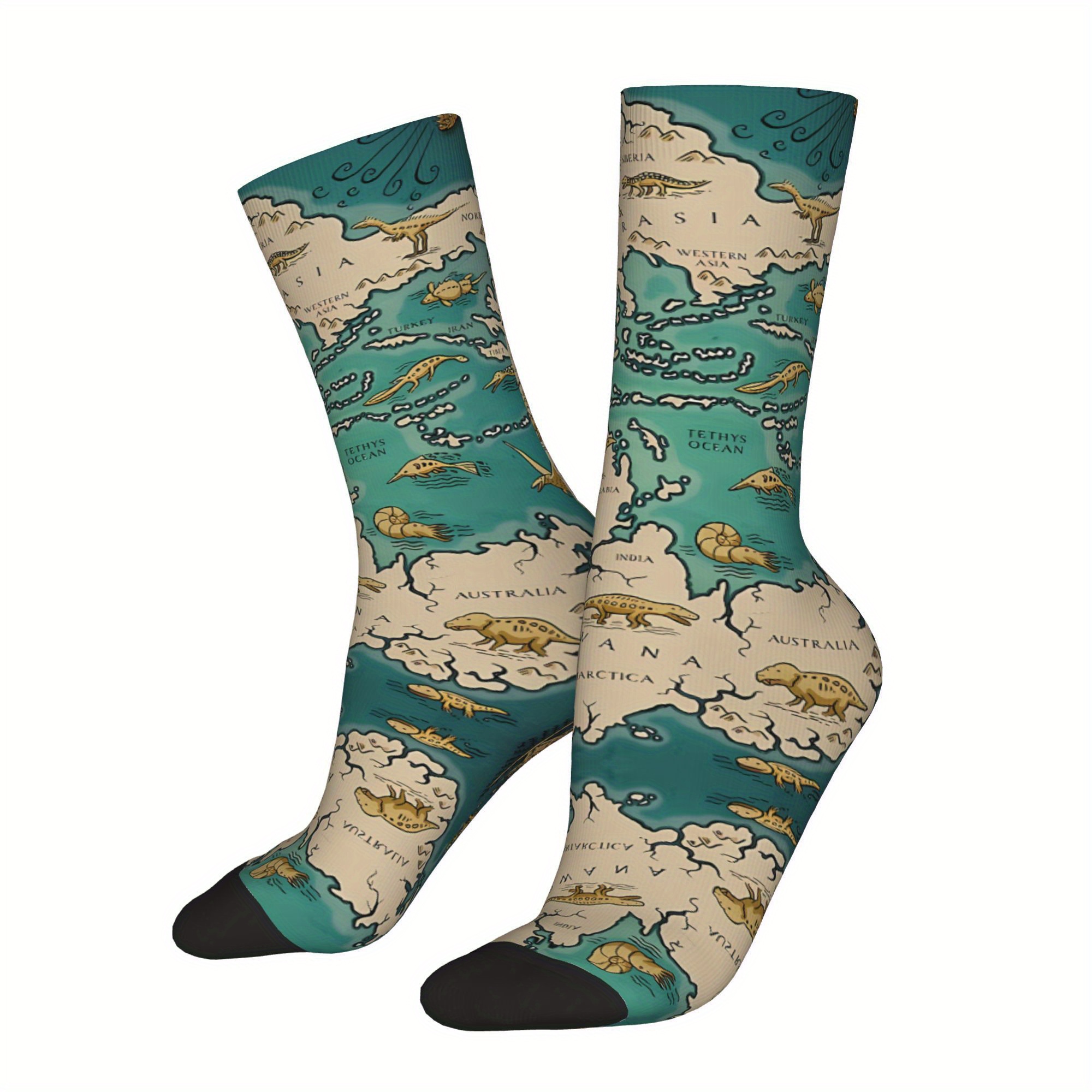 

1 Pair Men's Novelty Socks, Vintage Map Print, Polyester & Elastane, Hand Wash/, Knit Crew Socks, Casual , Unique Gift Idea