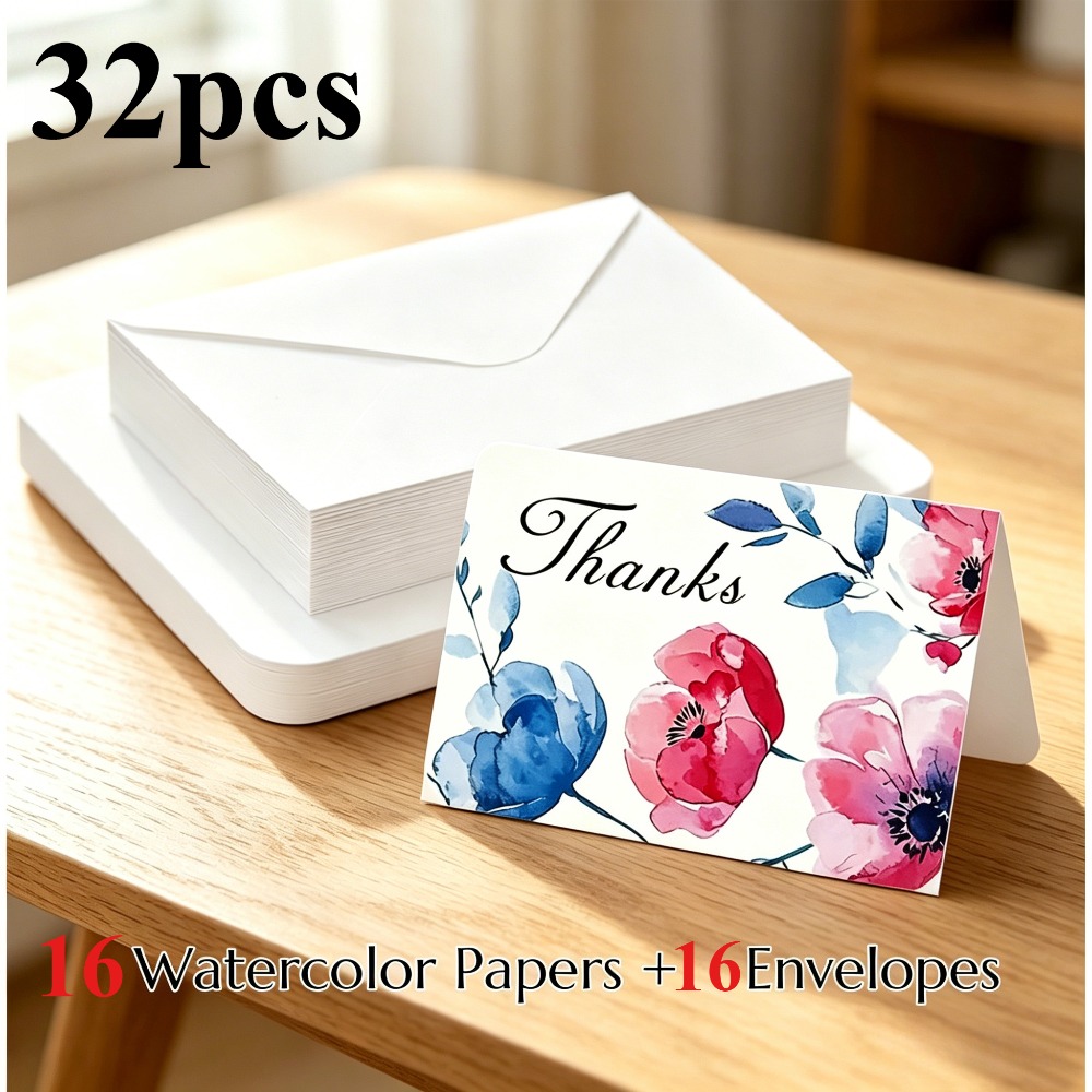 TEMU 16pcs/32pcs Rounded Corner Foldable Watercolor Paper With Envelopes—300gsm High-quality Watercolor Paper Greeting Cards, 20.32x15.24cm Blank