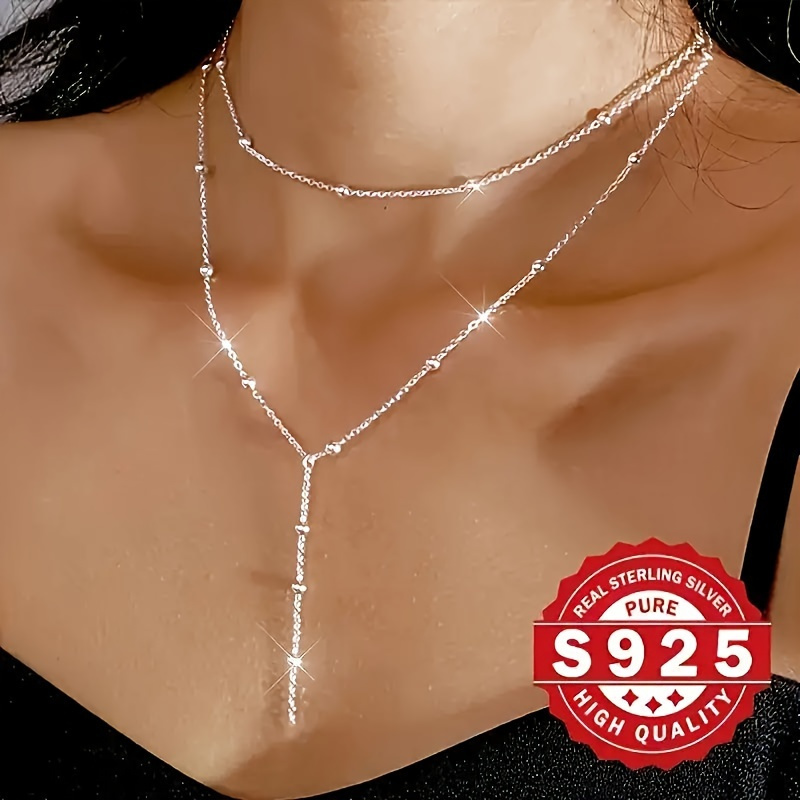 TEMU Collier en chaîne Y en perles argentées 925 pur, simple et élégant, accessoire multifonctionnel à couches, style bohème, cadeau de bijou unique