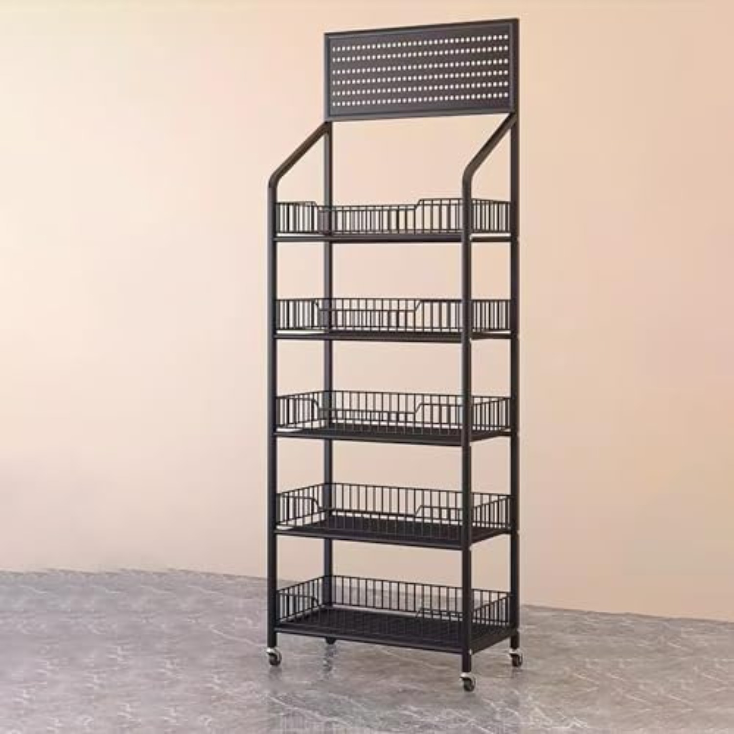 Image of Supermarket Snack Display Stand, 5-tier Retail Shelf With 4-tier Snack Basket, Wheel & Hooks, Sturdy Design For Grocery Stores (black, 60 * 27 * 165cm)
