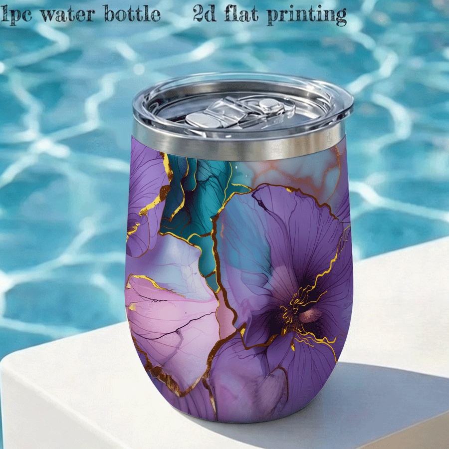 TEMU 12oz 360ml Vacuum Cup 2d Printed Stainless Steel Water Bottle, Leakproof Thermal Travel Tumbler Drinkware Lavender With Light Pink And Teal