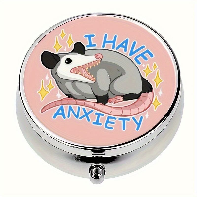 TEMU 1pc Tribal Round Pill Box - 3-compartment Metal Pill Organizer With Vibrant Design, Cute Possum & Stars Artwork & "i Have Anxiety" Quote,