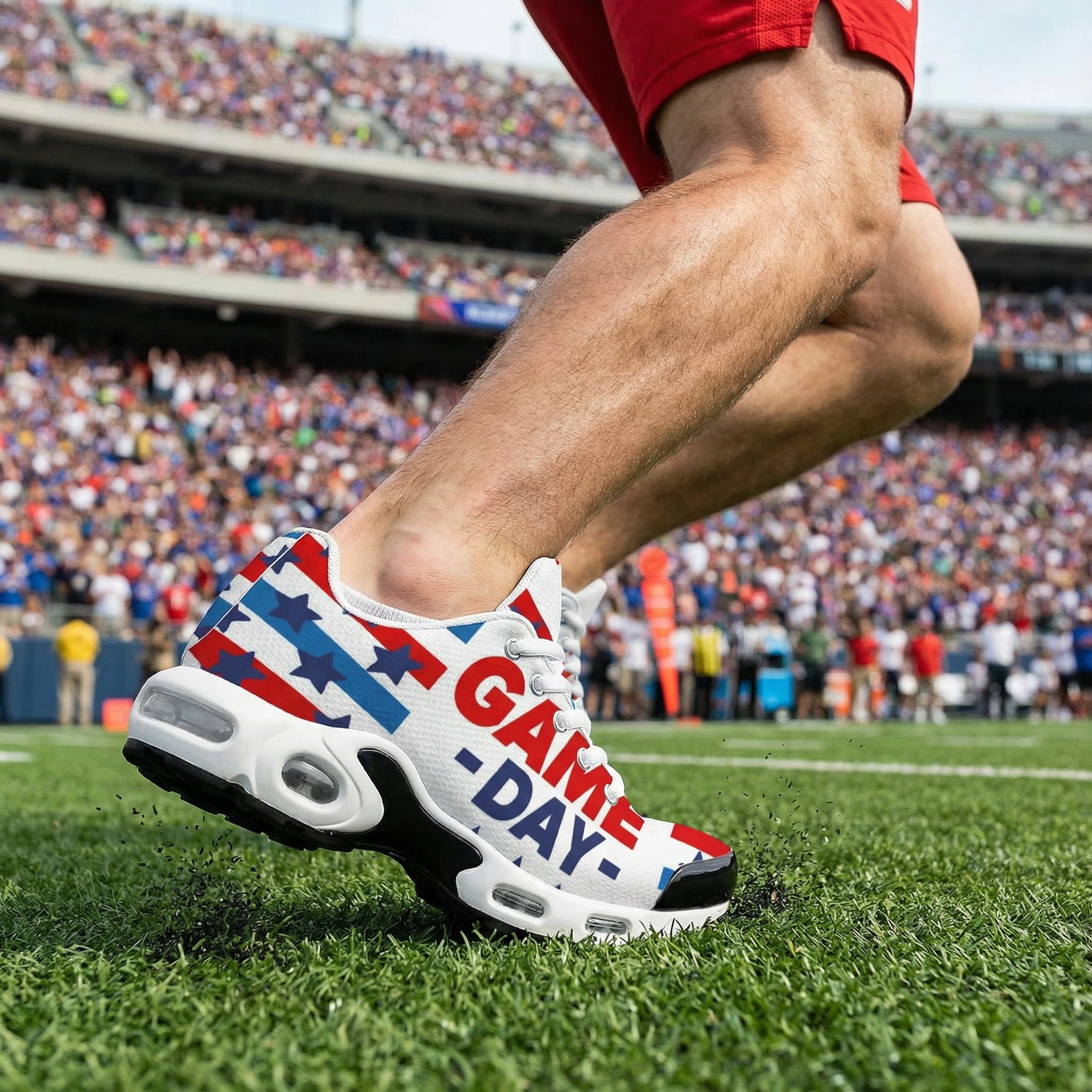 item picture   style game day air cushioned sneakers in red white and blue with a football pattern and   slogans comfortable cushioning for watching games or training   trendy shoes are   to turn heads