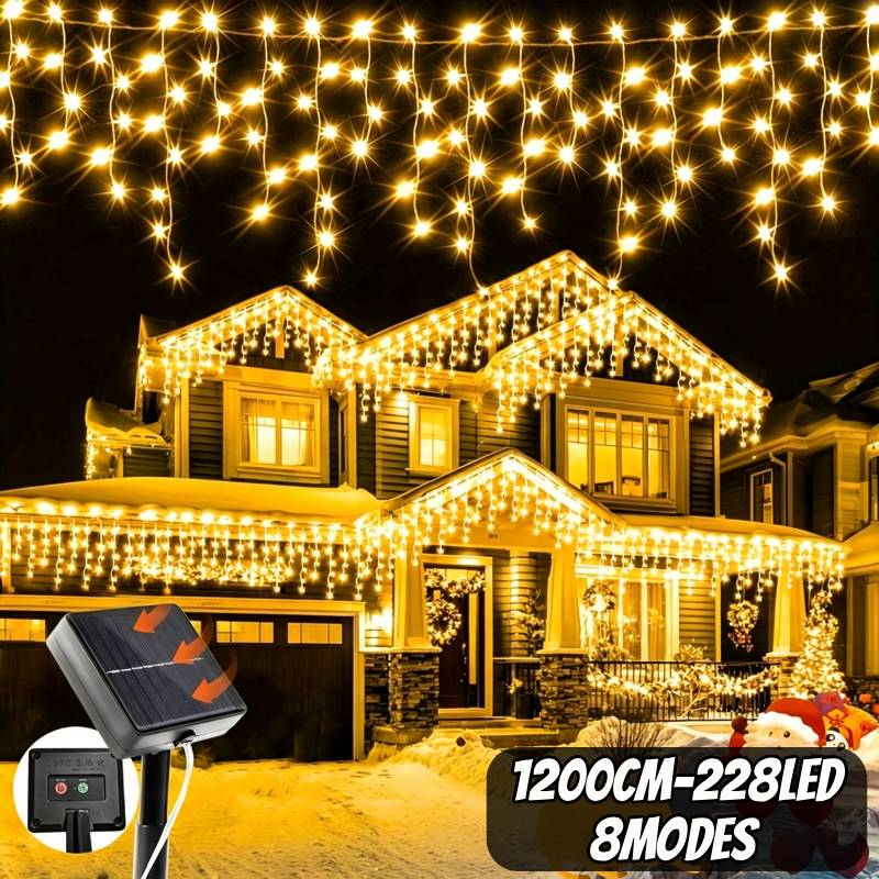 TEMU 96/162/228-led Solar Icicle Fairy String Lights, Outdoor Light Strip With 8 Lighting , Hanging Christmas Decorative Lights, Ip44 Protection