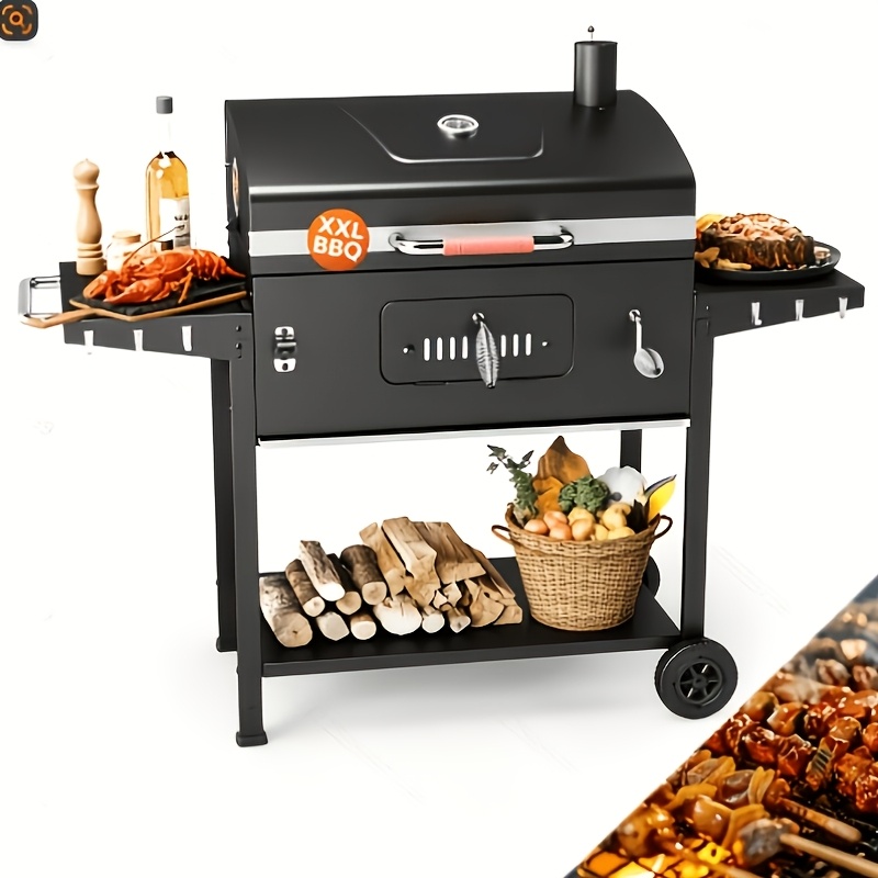 Portable Charcoal Grill Cart With Wheels, 2 Folding Side Tables, Lid, Storage Shelves For Camping, , Patio Parties