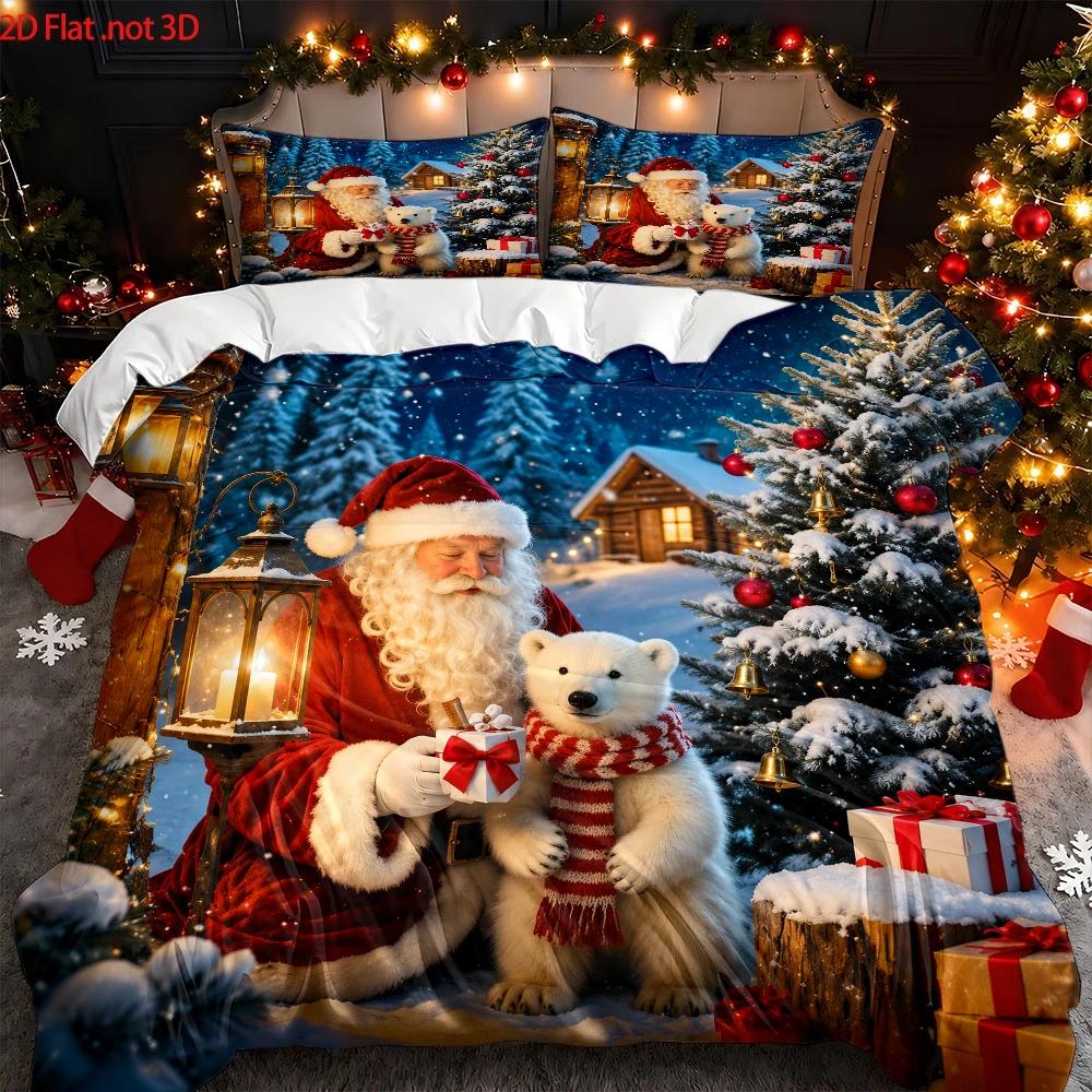 TEMU 3pcs Duvet Cover Set, 1pc Duvet Cover And 2pcs Pillowcases (no Filling) 2d Flat Printing, Christmas Santa And Polar Bear Theme, Tale Style,