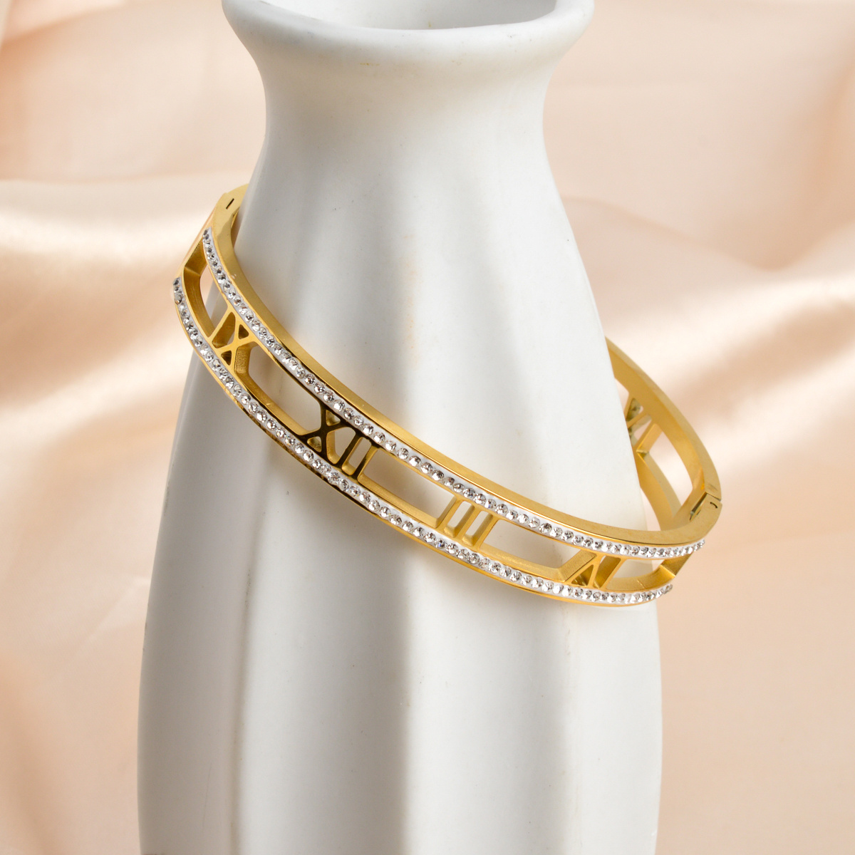 18K Golden Plated Hollow Roman Numeral Bangle Bracelet