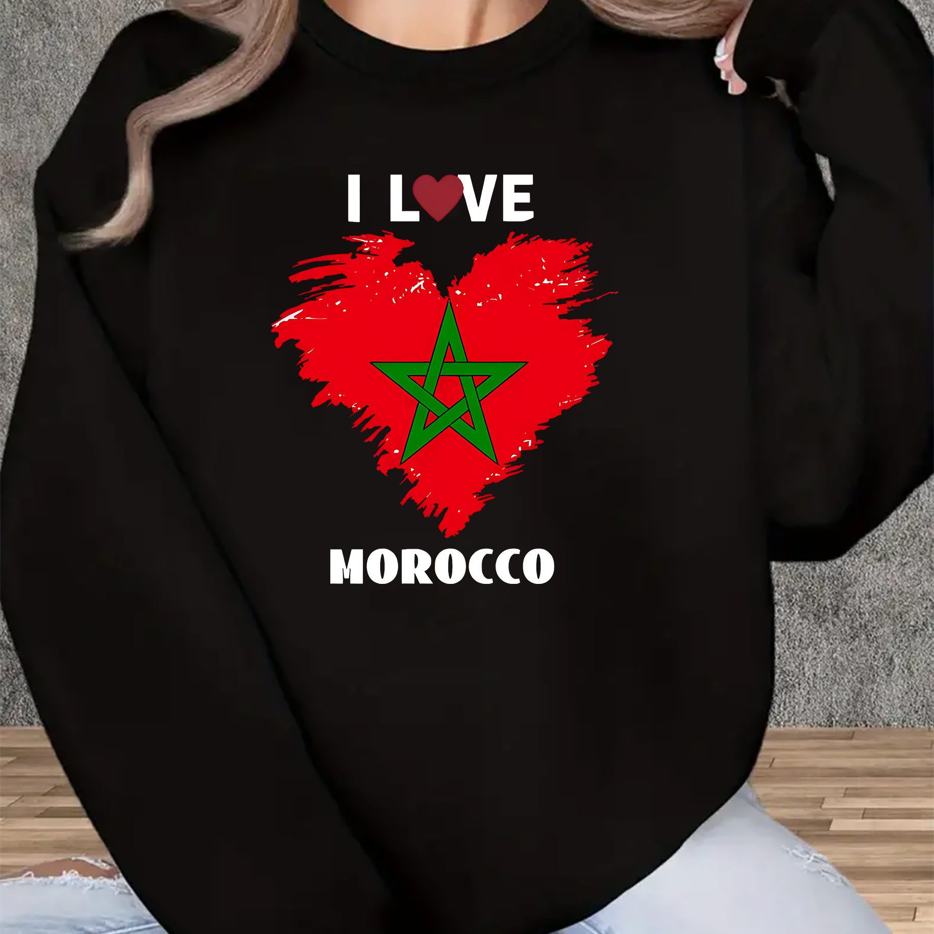 

Sweat-shirt à col rond imprimé Love Maroc pour femmes, pull confortable à manches longues, style décontracté , tissu en de polyester légèrement extensible, pour toutes les .