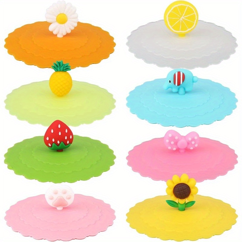 TEMU 8pcs Silicone Cup Lids, Colorful Mug Cover - Cute Reusable Lids For Cups, Mugs, Beer Glasses - 8 Styles, Drinkware Protection, Drink Spill