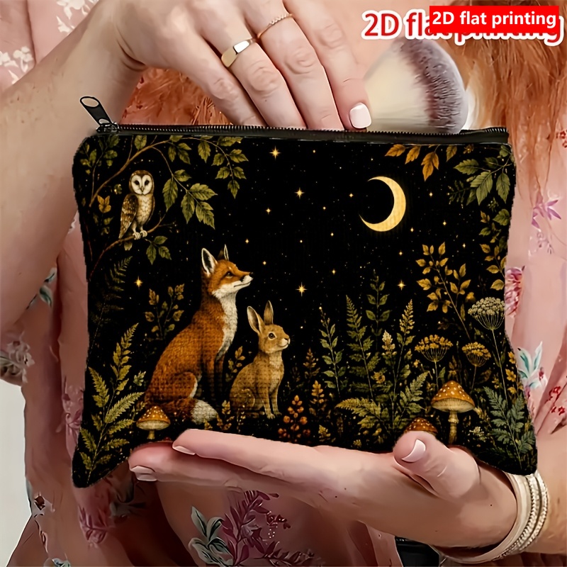 TEMU 2d Flat Printing 1pc, Forest Night : Owl, Under The In Print Makeup Bag, Multi- Storage Bag, Zipper Closure, Foldable Toiletry Bag, Portable And