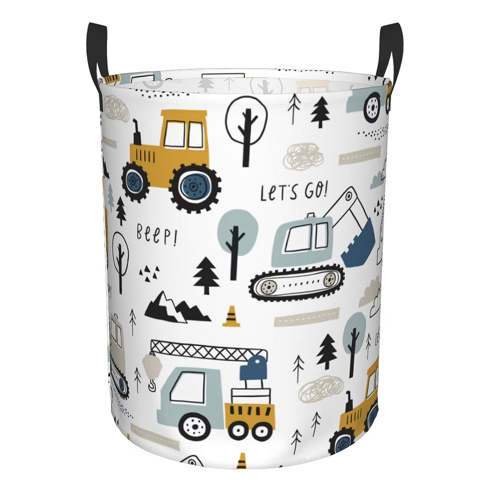 TEMU 1pc Cartoon Excavator Tractor Laundry Basket, Round With Handle, Dirty Laundry Storage Basket, Suitable For Bedroom, Dormitory, And Living Room,