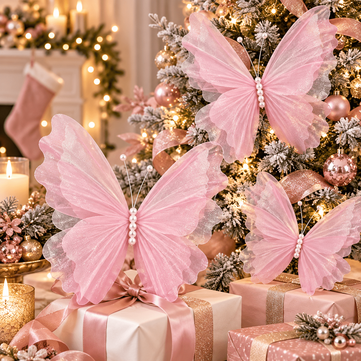 TEMU 6 stuks Roze Transparante Organza 3D Vlinderdecoraties met Parelversieringen - Geschikt voor Kerstboomversieringen, Bruiloft, Nieuwjaar,