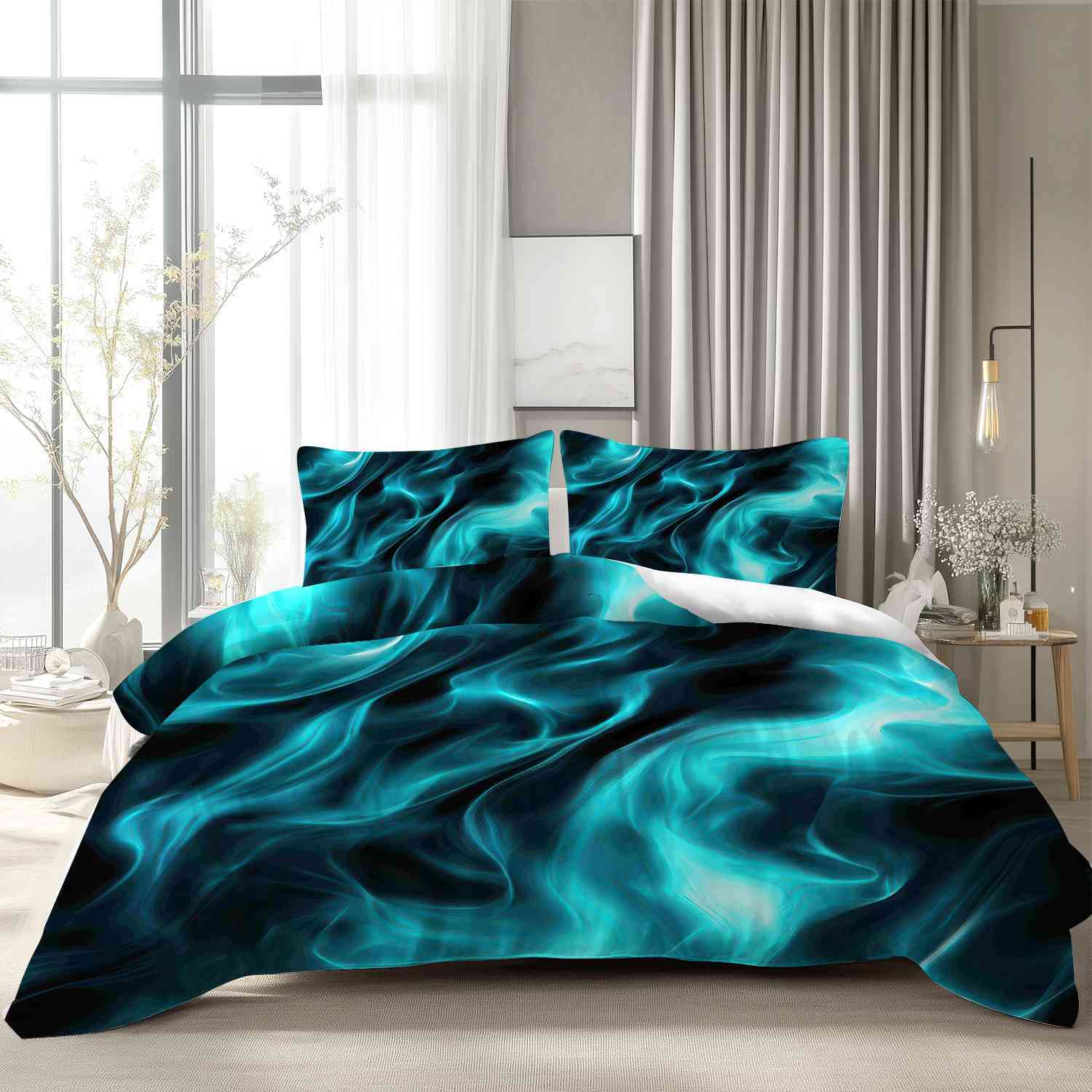 TEMU Latacaca 2/3pcs Turquoise Flame Duvet Cover Set. Includes 1 Duvet Cover And 1 Pillowcases. Features A Dynamic Smoke Pattern. Made From Soft,