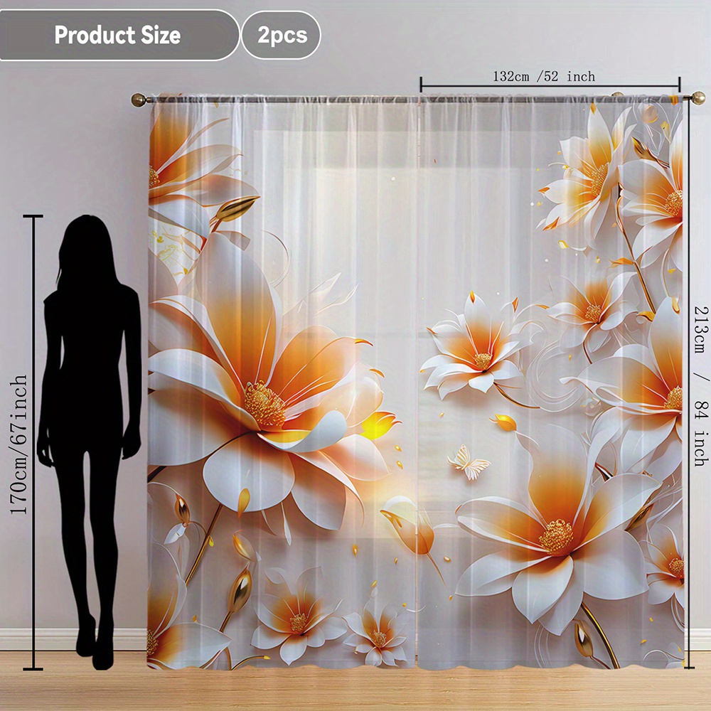 TEMU Lancement 2pcs Rideaux Voilages Décoratifs Imprimés Fleur Orange et , Rideaux Voilages Flottants Adaptés aux Cuisines, Cafés, à Manger, Balcons,
