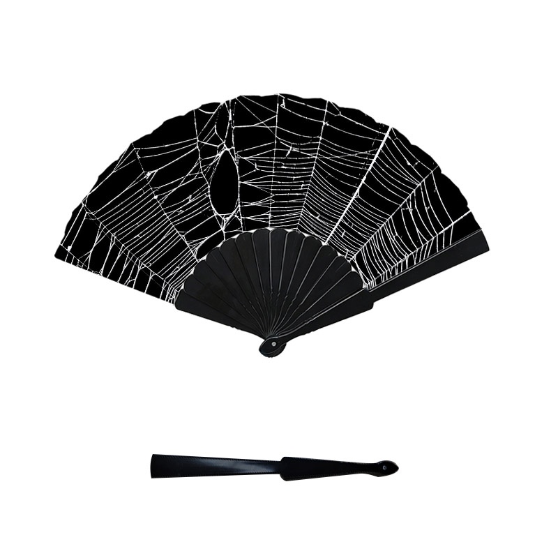 TEMU 1pc Elegant White Spider Web Hand Fan - Portable Cooling Fan Suitable For Daily , Outdoor Events & Themed Parties, Black Background Web Design