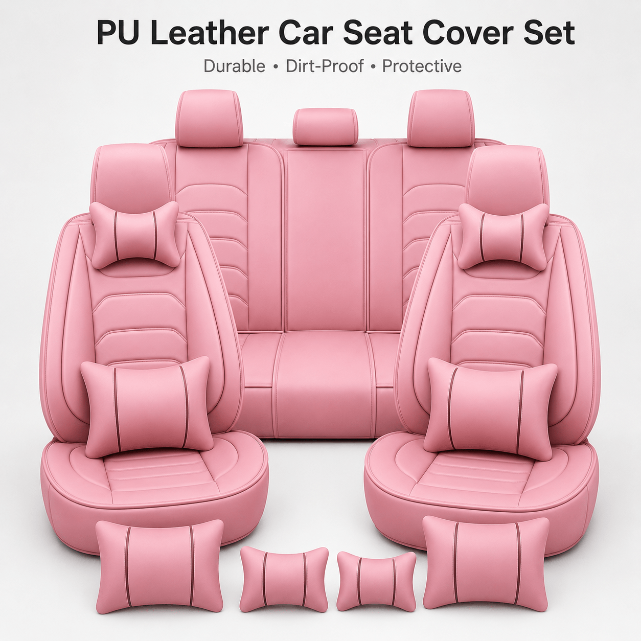 TEMU Pink Pu Leather Car Seat Covers Full Set, Waterproof Universal Fit Front And Rear Seat Protectors For Cars