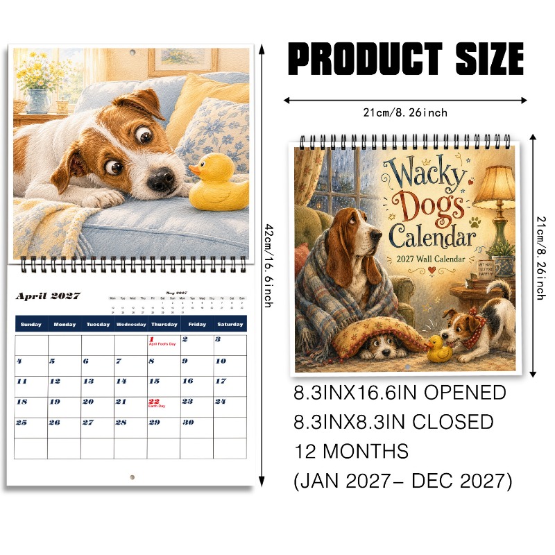 TEMU 1pc 2027 Wacky Dogs Wall Calendar, Vintage Watercolor Puppy Art Spiral Bound Planner, Cute Animal Classroom Decor, Christmas Gift, 12 Months
