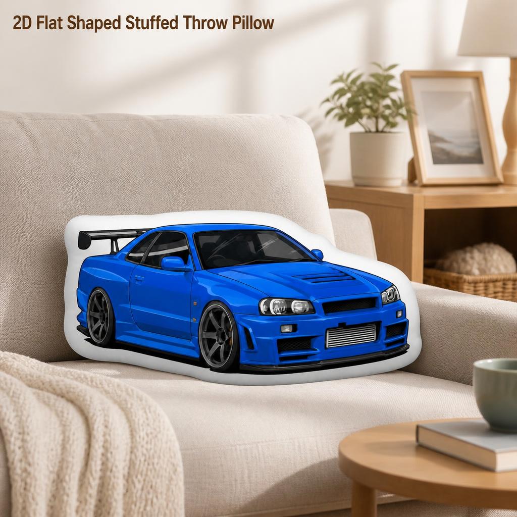 TEMU Luxury Blue Ports Car Cartoon Tyle 2d Flat Printing Shaped Stuffed Throw Pillow, Sofa Bedroom Living Room Decor For Office And Car, Throw Pillow