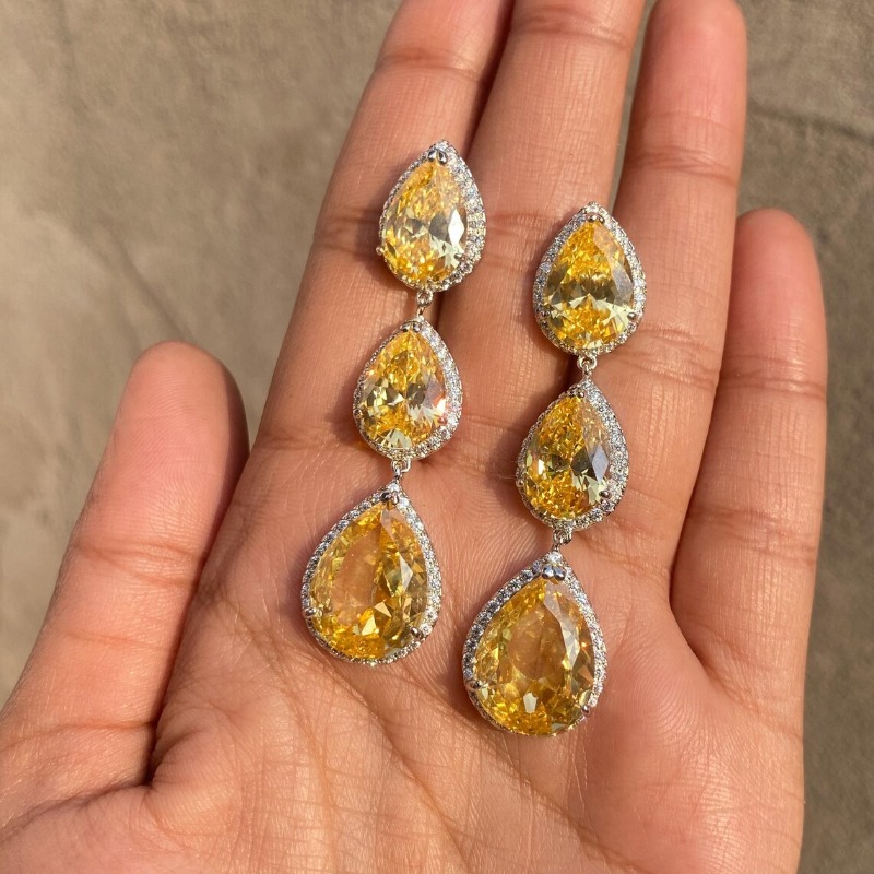 Luxury 3-Tier Teardrop Cut Yellow Zirconia Drop Earrings