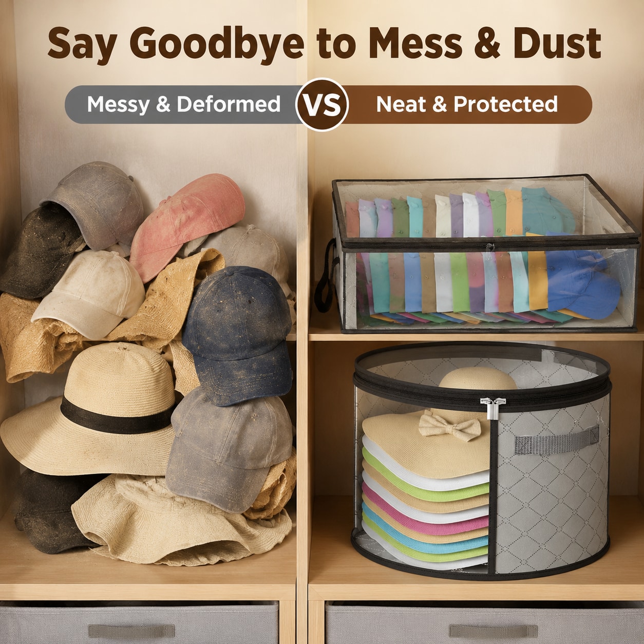 2pcs Set: Rectangular & Cylindrical Hat Storage Boxes