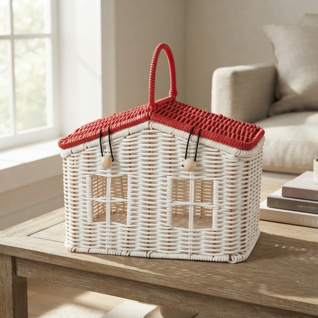 TEMU Cesta de Almacenamiento Tejida con Forma de Casa, y Asa de Transporte, Organizador de Mesa Decorativo , Contenedor Multiusos para Artículos del